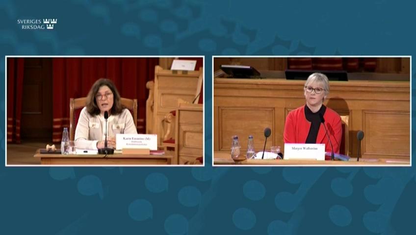 Stillbild från Öppen utfrågning, KU-utfrågning med tidigare utrikesminister Margot Wallström (S)