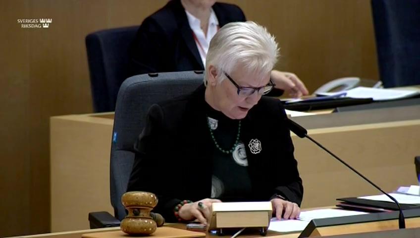 Stillbild från Debatt om förslag, Ändrad kompensationsrätt för riksdagens myndigheter för ingående mervärdesskatt vid representation