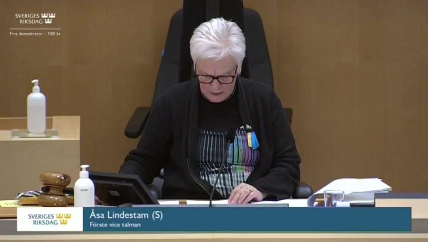 Stillbild från Debatt om förslag, Redogörelse för verksamheten inom den gemensamma parlamentariska kontrollgruppen för Europol och den svenska delegationens arbete under 2021