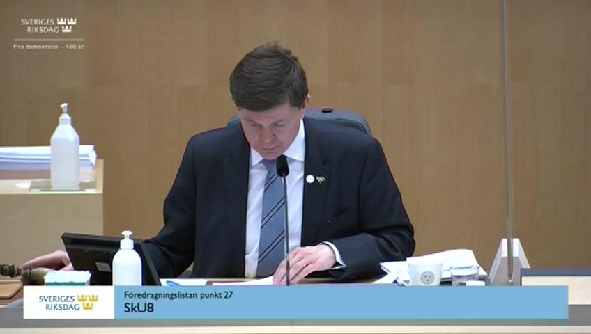 Stillbild från Debatt om förslag, Nya mervärdesskatteregler om vissa förvärv som görs av EU-organ med anledning av covid-19-pandemin