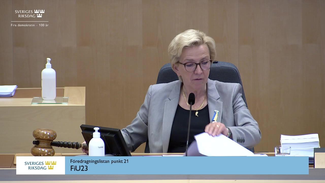 Stillbild från Debatt om förslag, Riksbankens förvaltning 2021