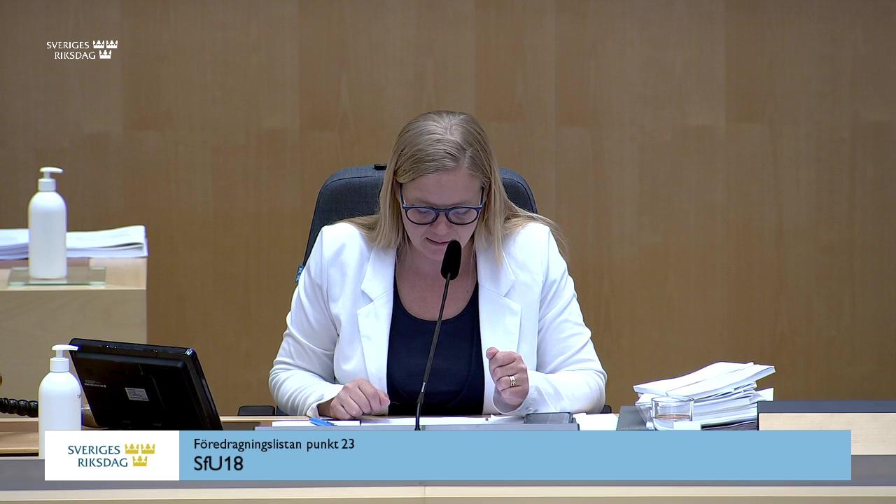 Stillbild från Debatt om förslag, Anpassning av svensk rätt till EU:s nya system för reseuppgifter och resetillstånd