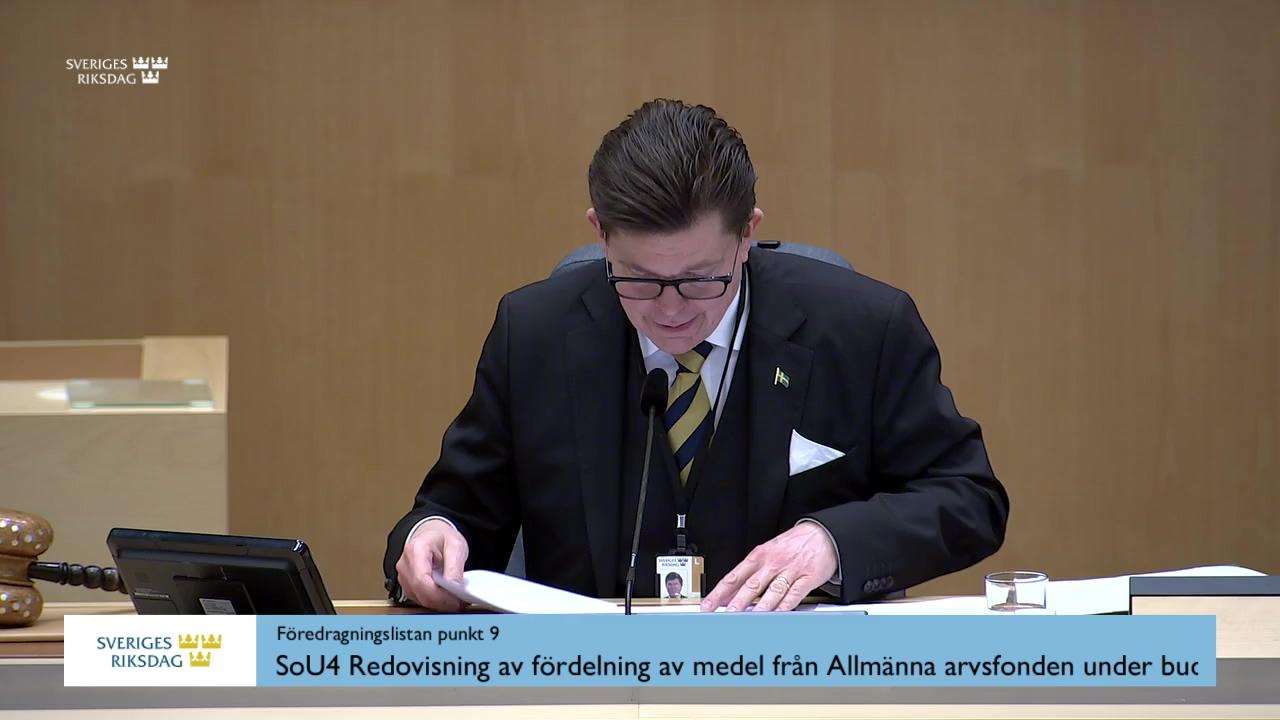 Stillbild från Debatt om förslag, Redovisning av fördelning av medel från Allmänna arvsfonden under budgetåret 2022