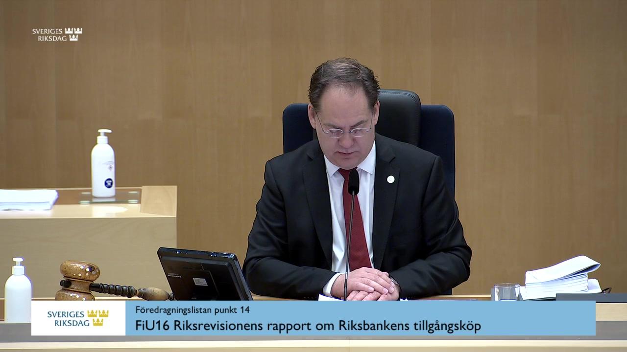 Stillbild från Debatt om förslag, Riksrevisionens rapport om Riksbankens tillgångsköp