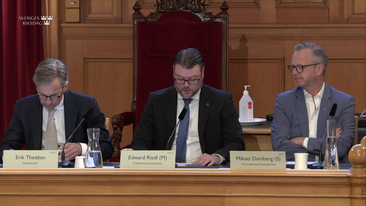 Stillbild från Öppen utfrågning, Finansutskottets öppna utfrågning av Riksbankens direktion och externa utvärderare om penningpolitiken 2023