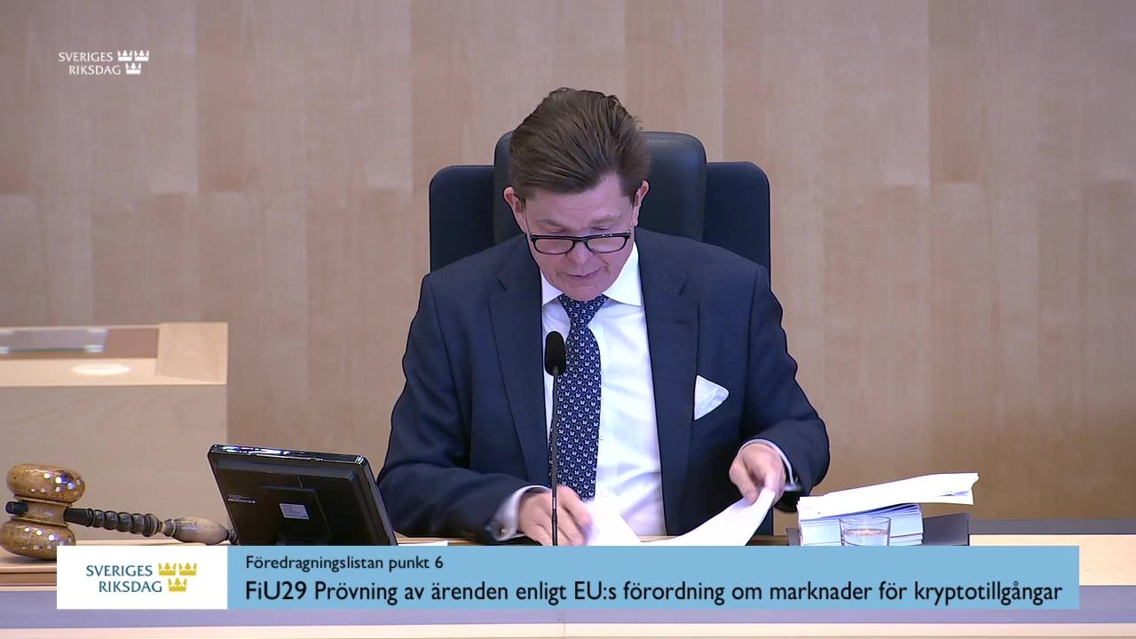 Stillbild från Debatt om förslag, Prövning av ärenden enligt EU:s förordning om marknader för kryptotillgångar