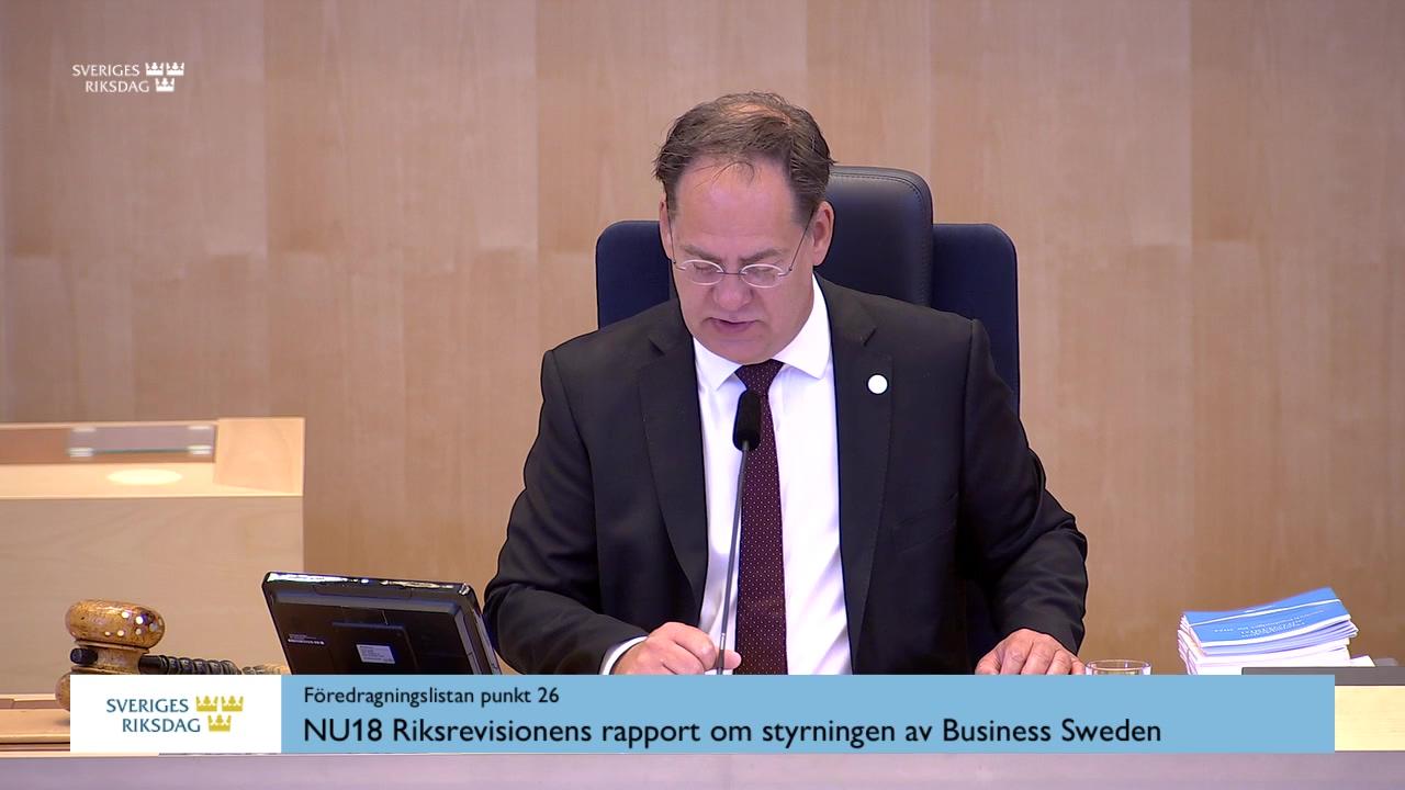 Stillbild från Debatt om förslag, Riksrevisionens rapport om styrningen av Business Sweden