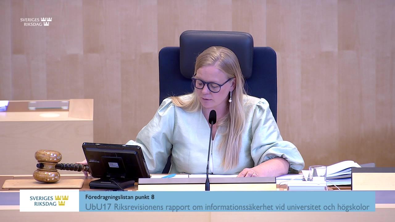 Stillbild från Debatt om förslag, Riksrevisionens rapport om informationssäkerhet vid universitet och högskolor