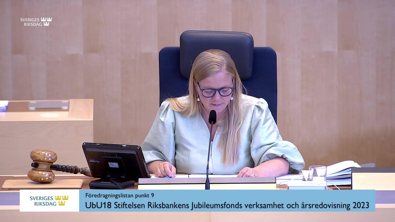 Stillbild från Debatt om förslag, Stiftelsen Riksbankens Jubileumsfonds verksamhet och årsredovisning 2023