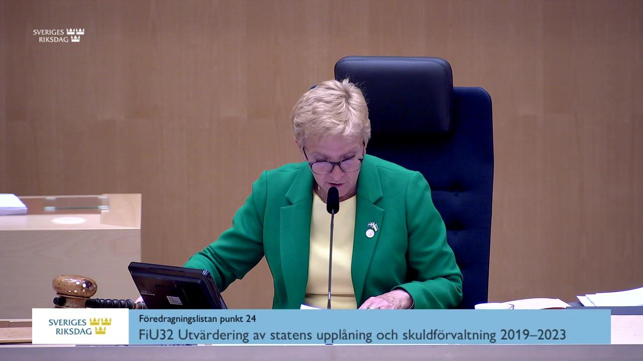 Stillbild från Debatt om förslag, Utvärdering av statens upplåning och skuldförvaltning 2019–2023
