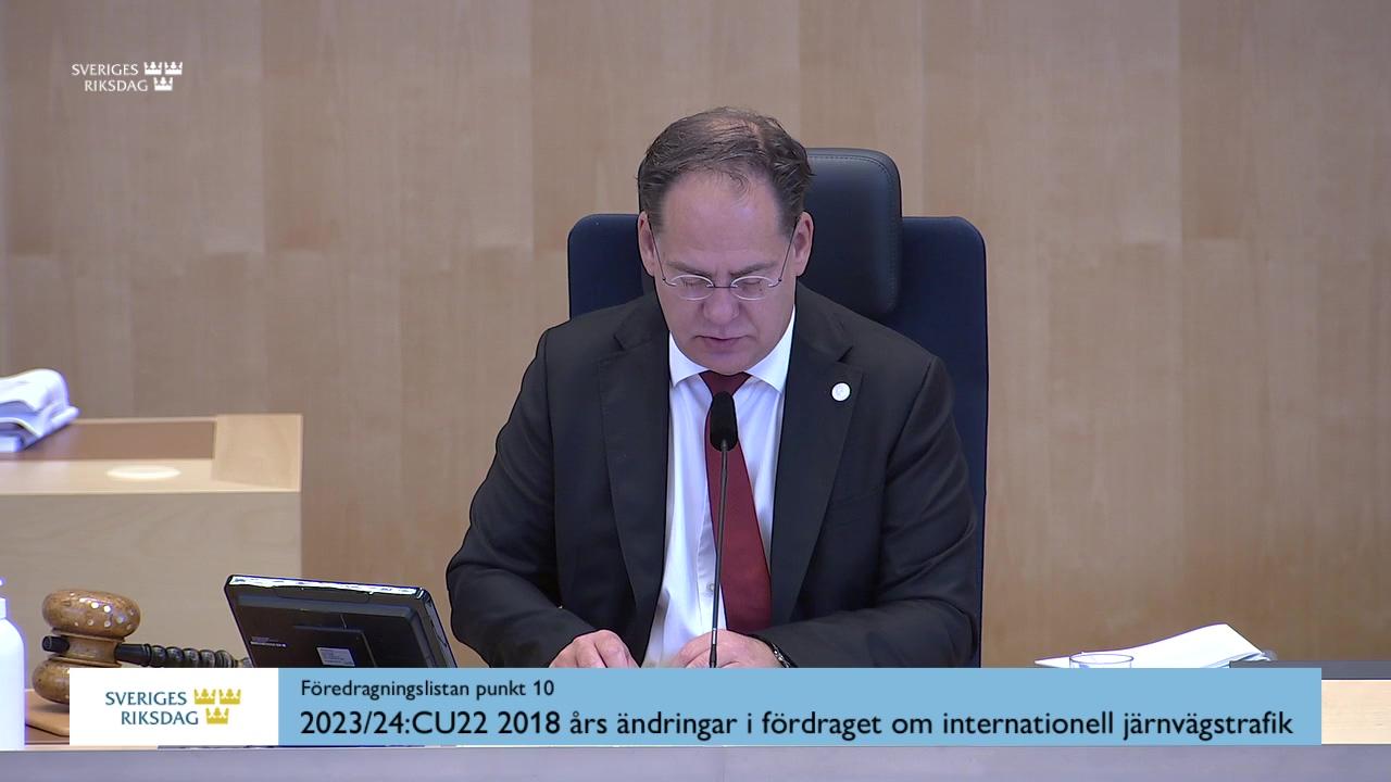 Stillbild från Debatt om förslag, 2018 års ändringar i fördraget om internationell järnvägstrafik