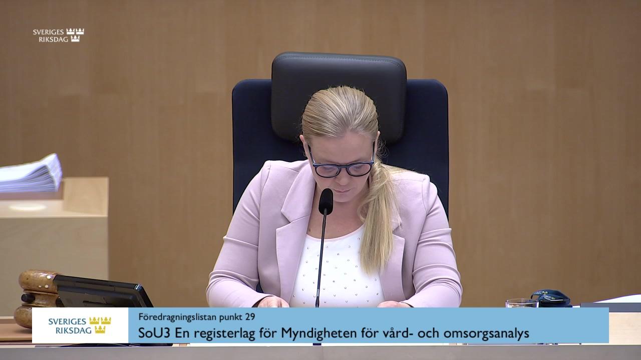 Stillbild från Debatt om förslag, En registerlag för Myndigheten för vård- och omsorgsanalys