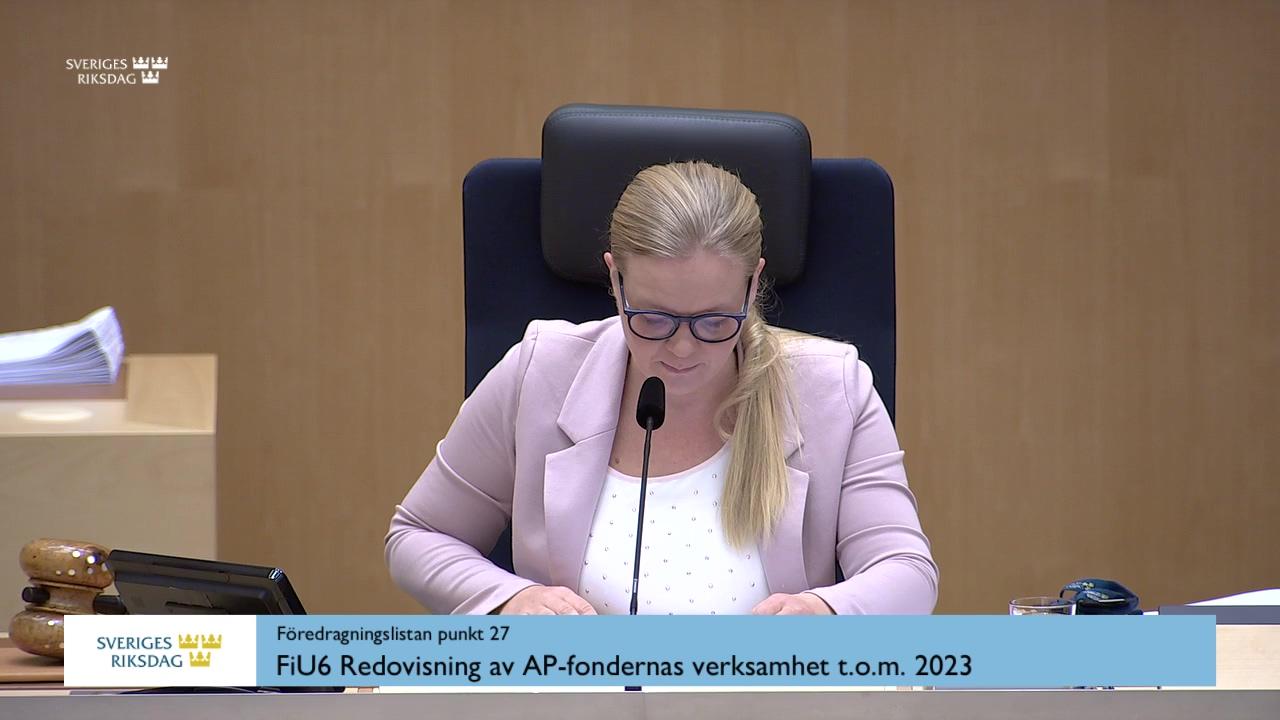 Stillbild från Debatt om förslag, Redovisning av AP-fondernas verksamhet t.o.m. 2023