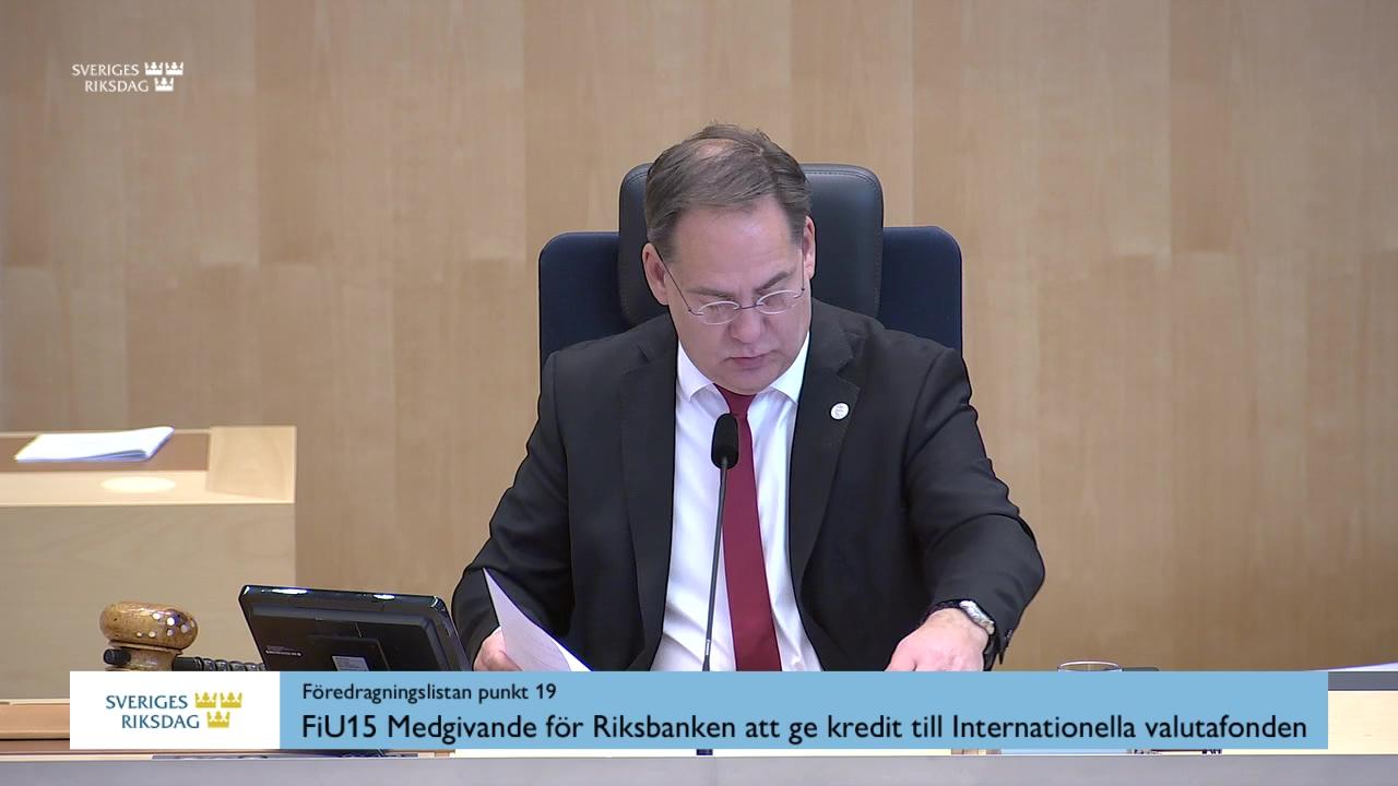 Stillbild från Debatt om förslag, Medgivande för Riksbanken att ge kredit till Internationella valutafonden