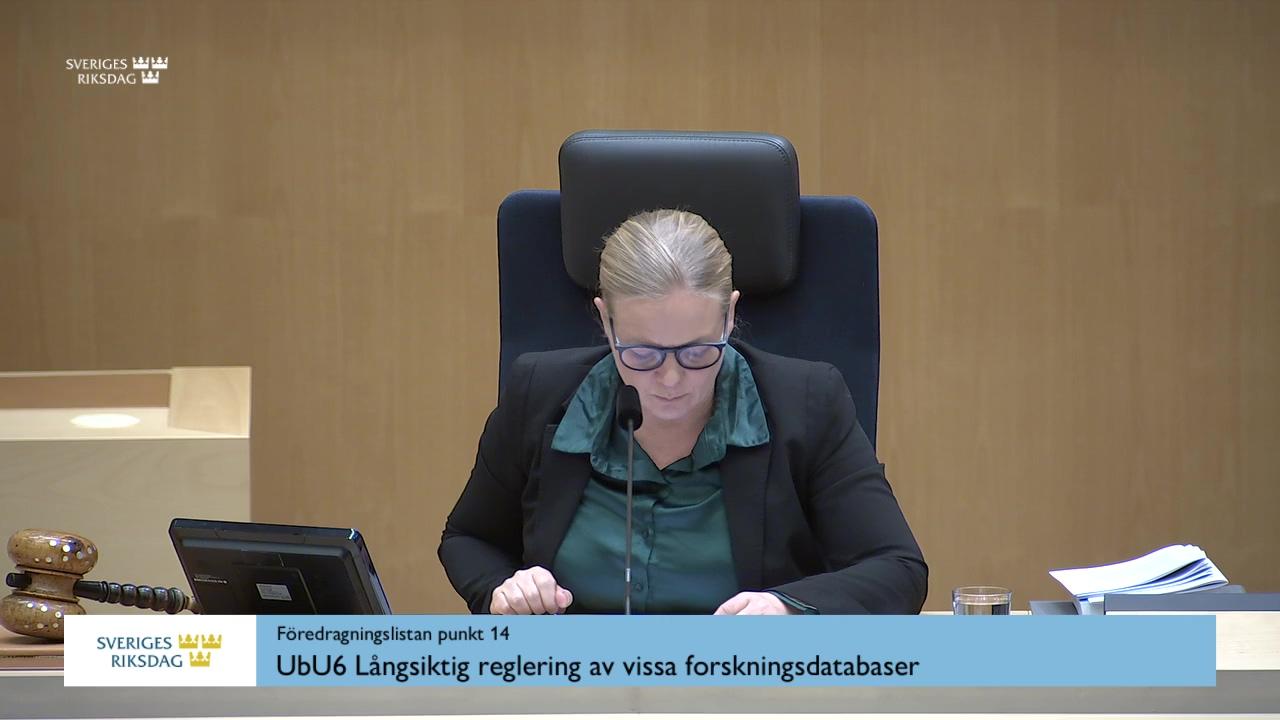 Stillbild från Debatt om förslag, Långsiktig reglering av vissa forskningsdatabaser