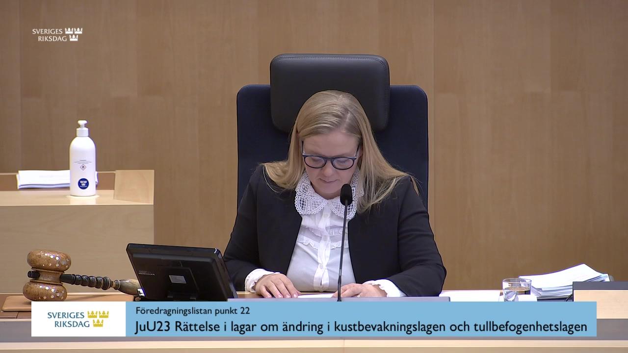 Stillbild från Debatt om förslag, Rättelse i lagar om ändring i kustbevakningslagen och tullbefogenhetslagen