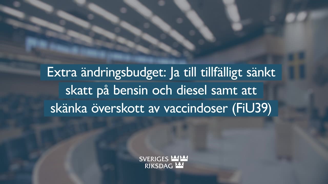 Stillbild från Beslut, Teckenspråkstolkat beslut: Extra ändringsbudget: Ja till tillfälligt sänkt skatt på bensin och diesel samt att skänka överskott av vaccindoser