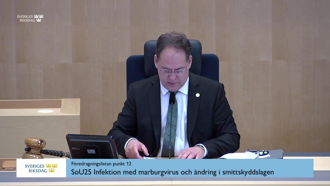 Stillbild från Debatt om förslag, Infektion med marburgvirus och ändring i smittskyddslagen