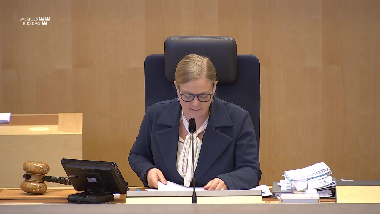 Stillbild från Debatt om förslag, Sekretess i Justitiekanslerns verksamhet med att bevaka statens rätt i internationella skiljeförfaranden