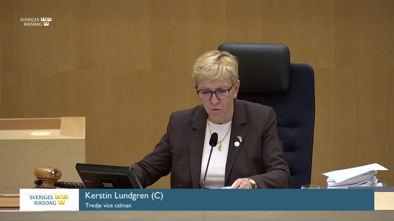 Stillbild från Debatt om förslag, Redogörelse för verksamheten inom den gemensamma parlamentariska kontrollgruppen för Europol och riksdagsdelegationens arbete under 2024