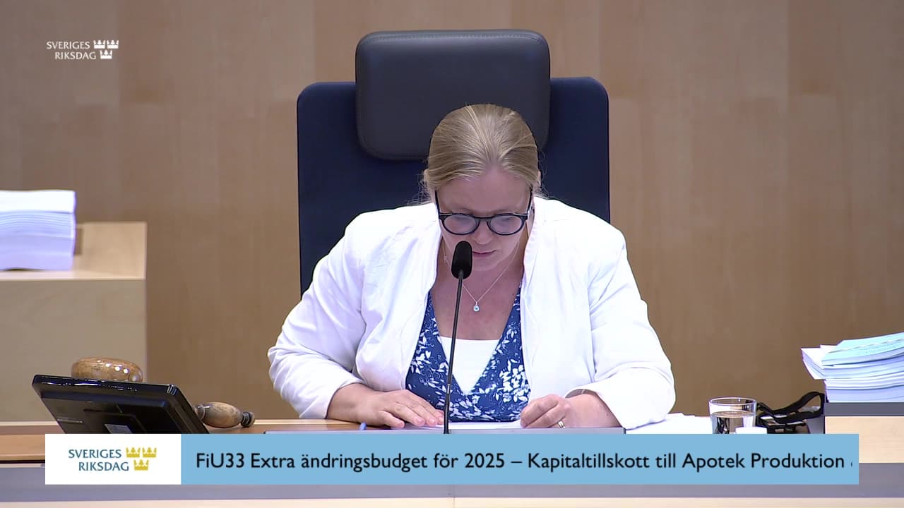 Stillbild från Beslut, Beslut: Extra ändringsbudget för 2025 - Kapitaltillskott till Apotek Produktion & Laboratorier AB