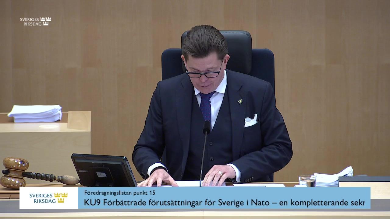 Stillbild från Debatt om förslag, Förbättrade förutsättningar för Sverige i Nato – en kompletterande sekretessbestämmelse för Natoinformation