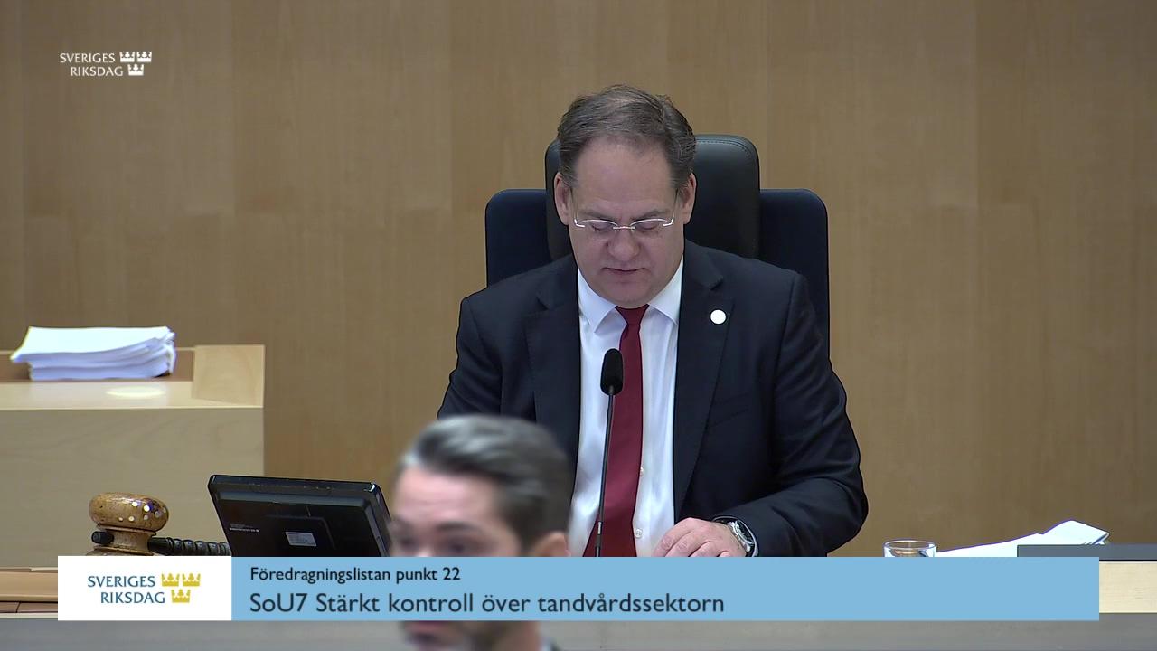 Stillbild från Debatt om förslag, Stärkt kontroll över tandvårdssektorn