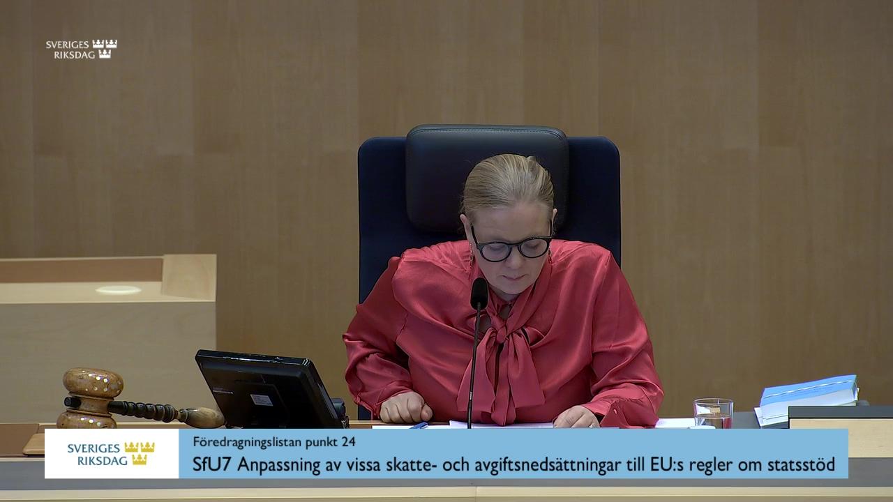 Stillbild från Debatt om förslag, Anpassning av vissa skatte- och avgiftsnedsättningar till EU:s regler om statsstöd
