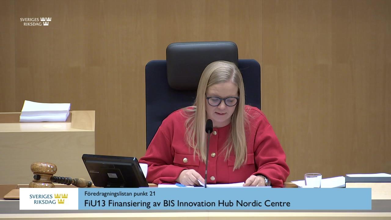 Stillbild från Debatt om förslag, Finansiering av BIS Innovation Hub Nordic Centre