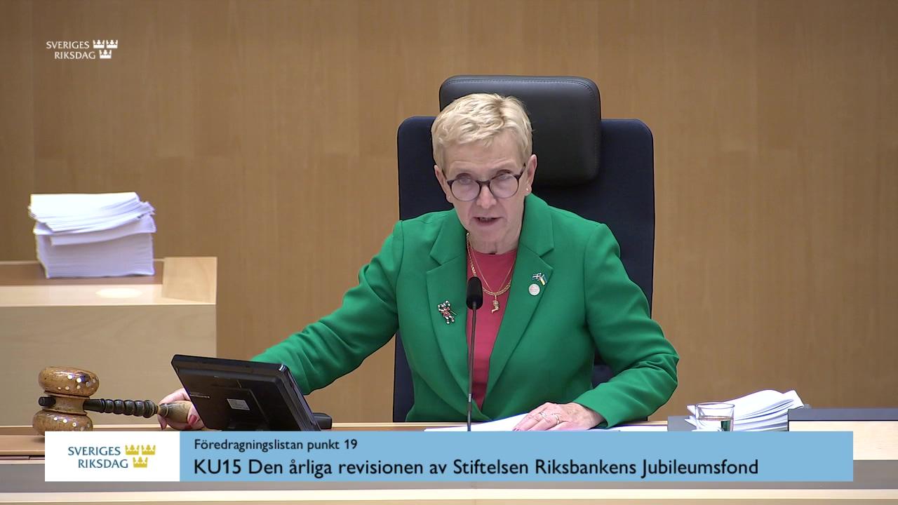 Stillbild från Debatt om förslag, Den årliga revisionen av Stiftelsen Riksbankens Jubileumsfond