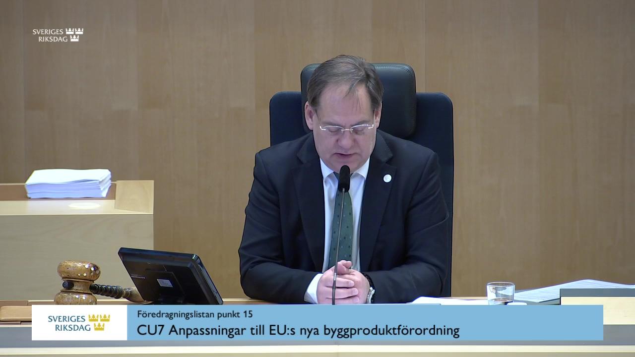 Stillbild från Debatt om förslag, Anpassningar till EU:s nya byggproduktförordning