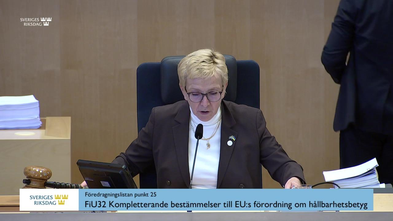 Stillbild från Debatt om förslag, Kompletterande bestämmelser till EU:s förordning om hållbarhetsbetyg