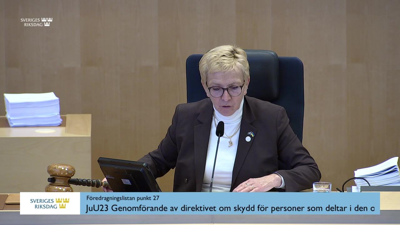 Stillbild från Debatt om förslag, Genomförande av direktivet om skydd för personer som deltar i den offentliga debatten samt införande av en ny tredskodomssanktion