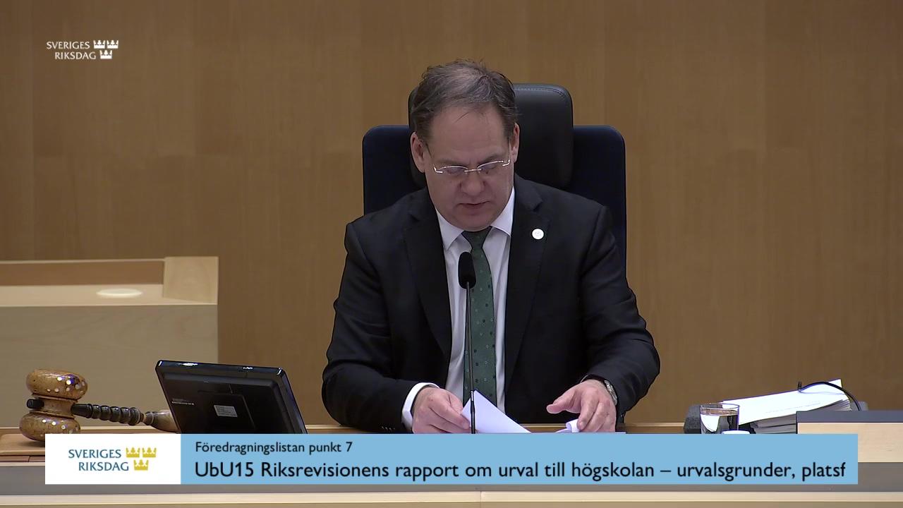 Stillbild från Debatt om förslag, Riksrevisionens rapport om urval till högskolan – urvalsgrunder, platsfördelning och tillämpning