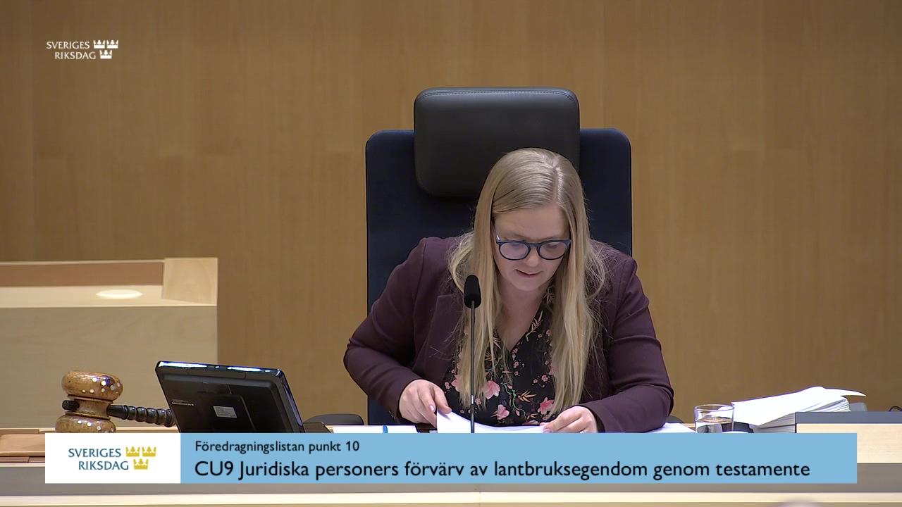 Stillbild från Debatt om förslag, Juridiska personers förvärv av lantbruksegendom genom testamente