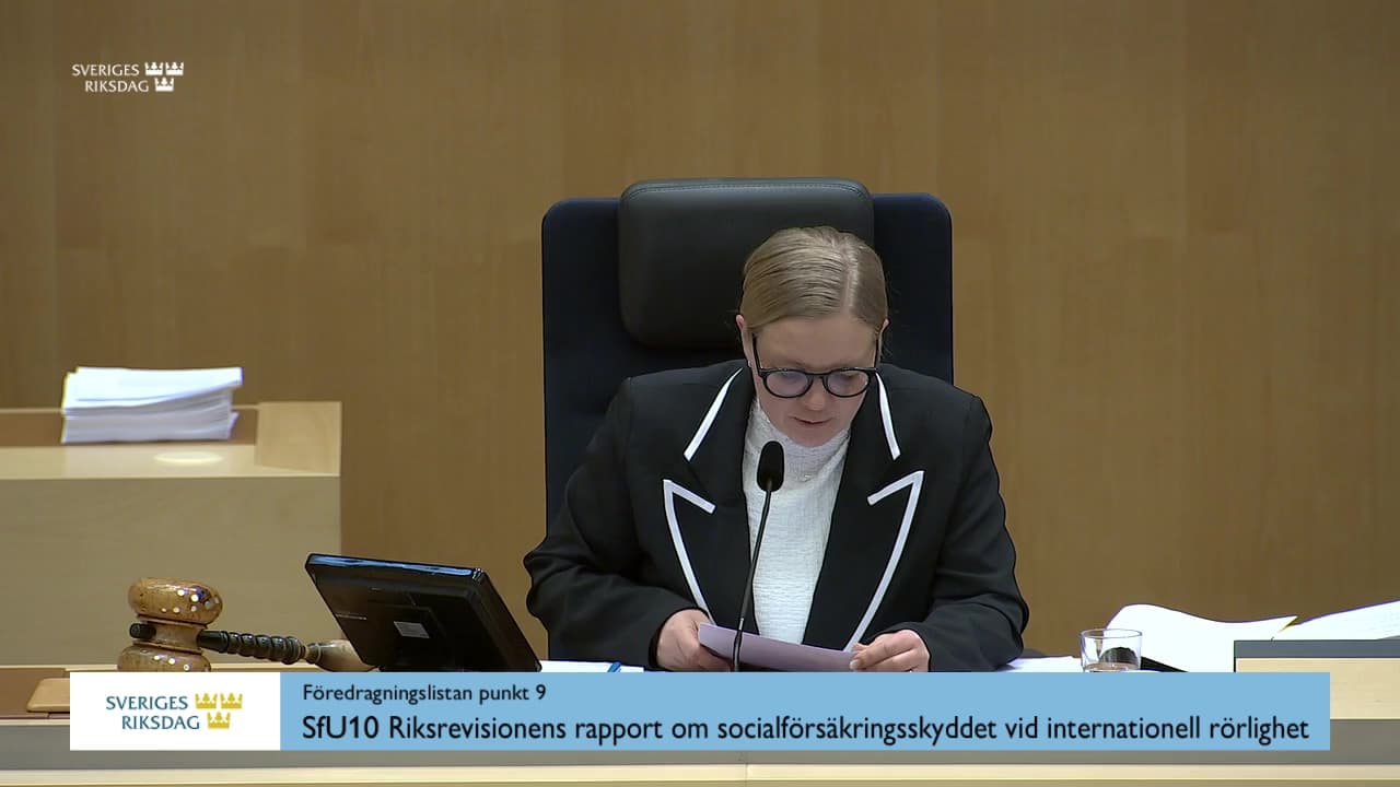 Stillbild från Debatt om förslag, Riksrevisionens rapport om socialförsäkringsskyddet vid internationell rörlighet