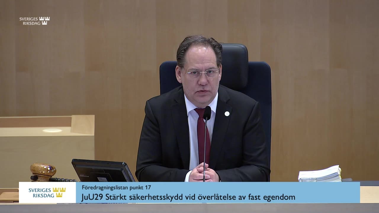 Stillbild från Debatt om förslag, Stärkt säkerhetsskydd vid överlåtelse av fast egendom