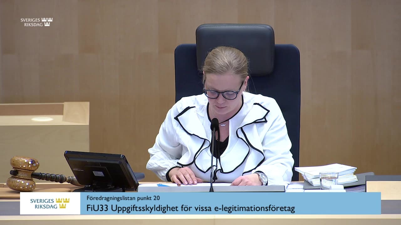 Stillbild från Debatt om förslag, Uppgiftsskyldighet för vissa e-legitimationsföretag