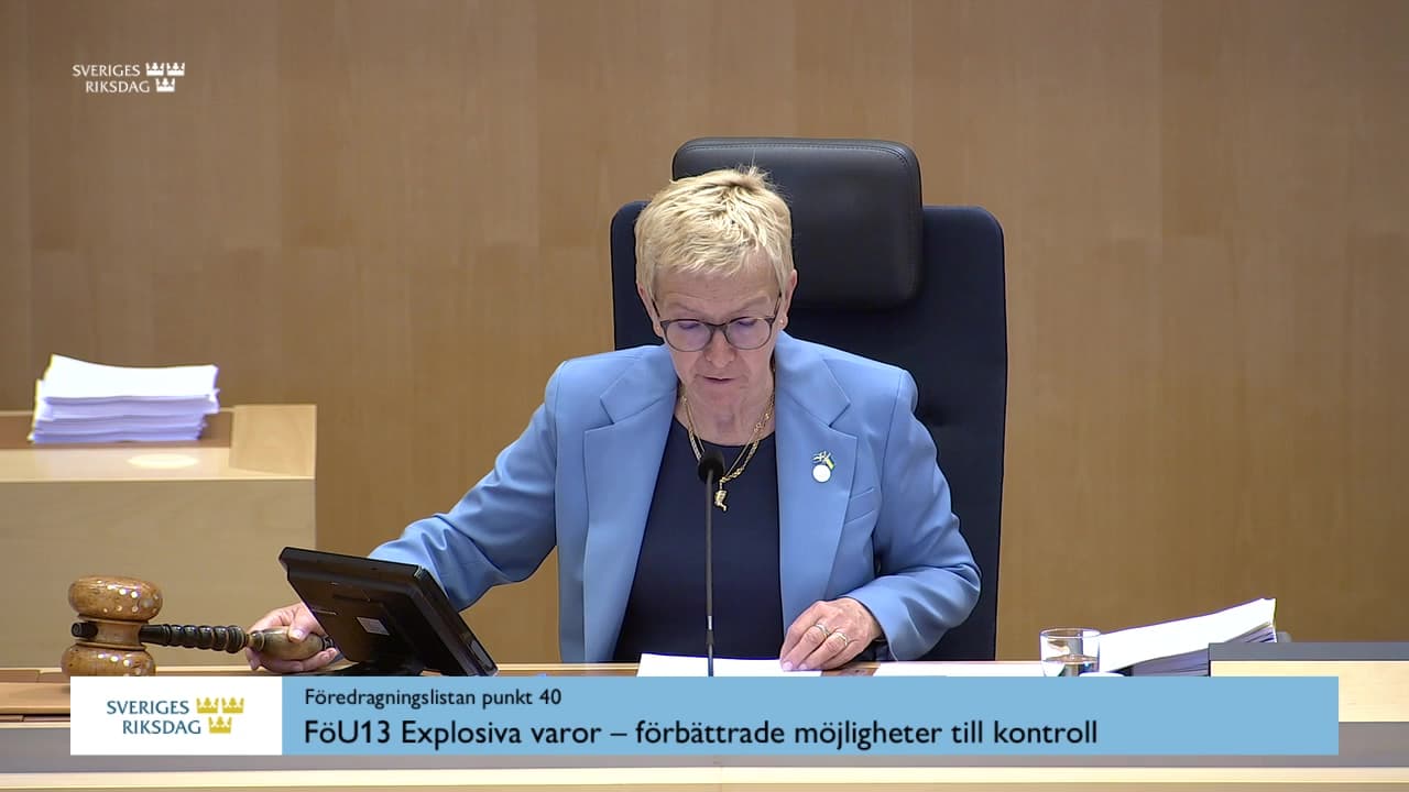 Stillbild från Debatt om förslag, Explosiva varor – förbättrade möjligheter till kontroll