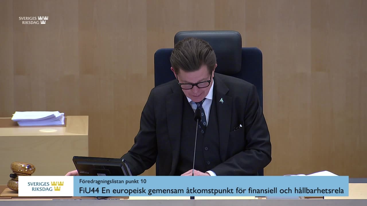 Stillbild från Debatt om förslag, En europeisk gemensam åtkomstpunkt för finansiell och hållbarhetsrelaterad information