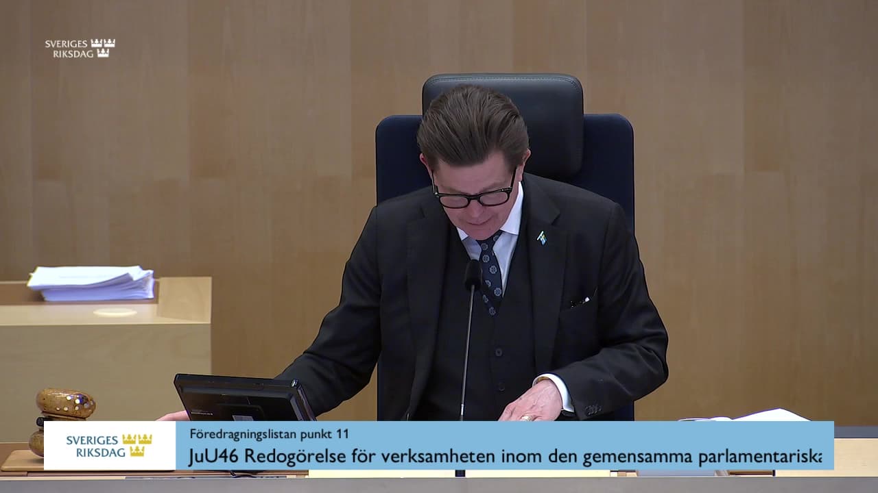 Stillbild från Debatt om förslag, Redogörelse för verksamheten inom den gemensamma parlamentariska kontrollgruppen för Europol och riksdagsdelegationens arbete under 2025
