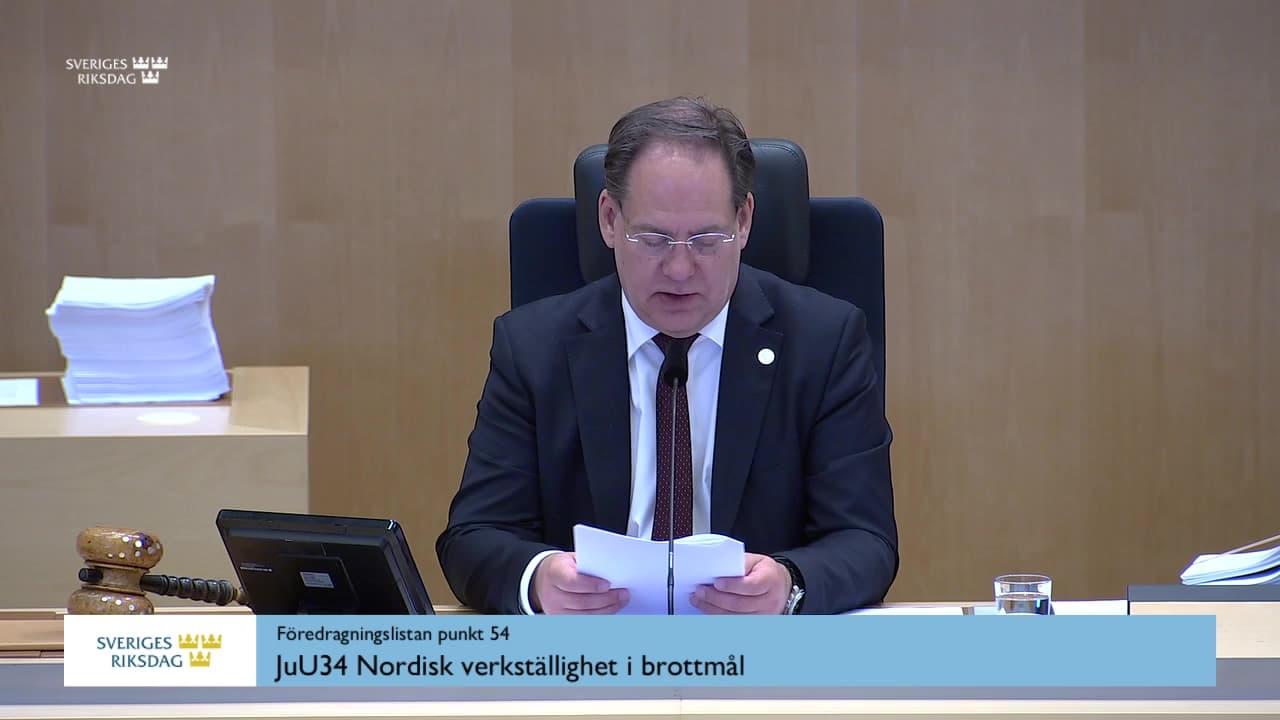 Stillbild från Debatt om förslag, Nordisk verkställighet i brottmål
