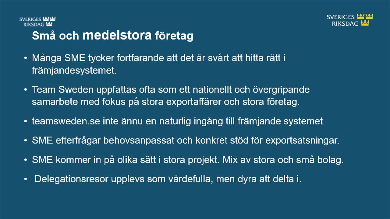 Stillbild från Öppet sammanträde, Näringsutskottets öppna sammanträde om Team Sweden