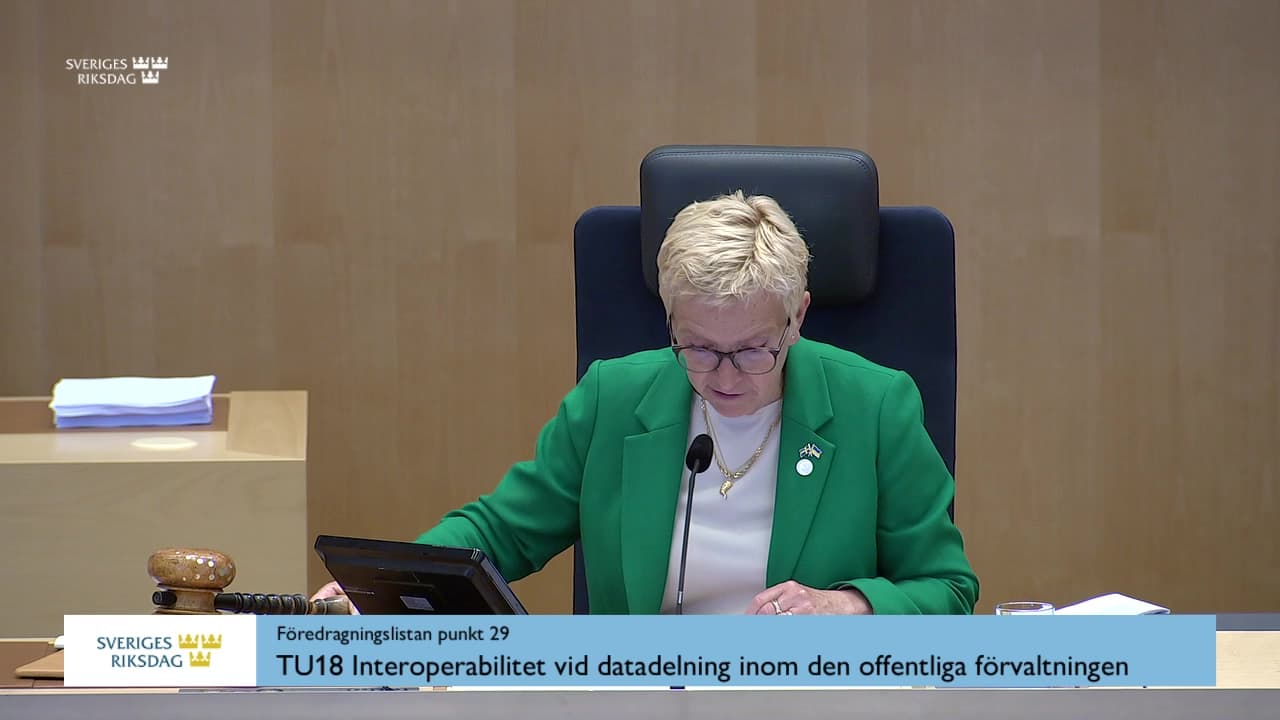 Stillbild från Debatt om förslag, Interoperabilitet vid datadelning inom den offentliga förvaltningen