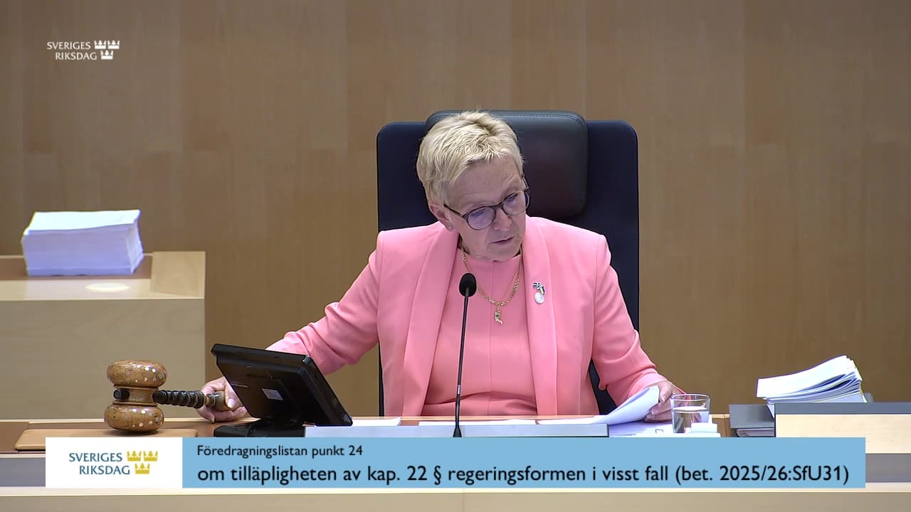 Stillbild från Debatt om förslag, Prövning av fråga om tillämpligheten av 2 kap. 22 § regeringsformen i visst fall (bet. 2025/26:SfU31)