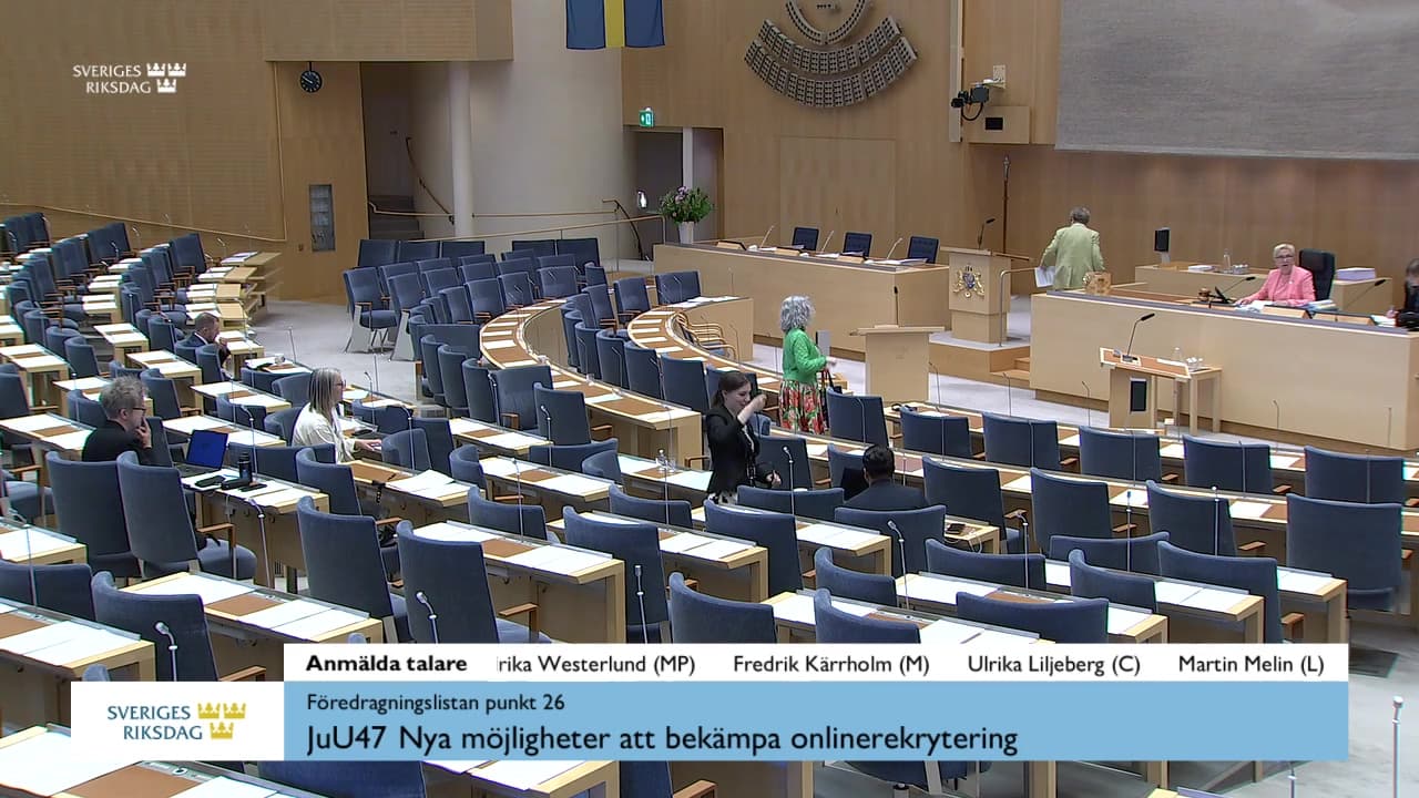 Stillbild från Debatt om förslag, Nya möjligheter att bekämpa onlinerekrytering
