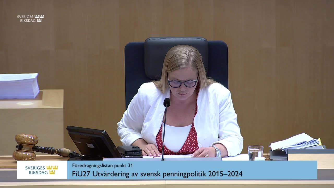 Stillbild från Debatt om förslag, Utvärdering av svensk penningpolitik 2015–2024
