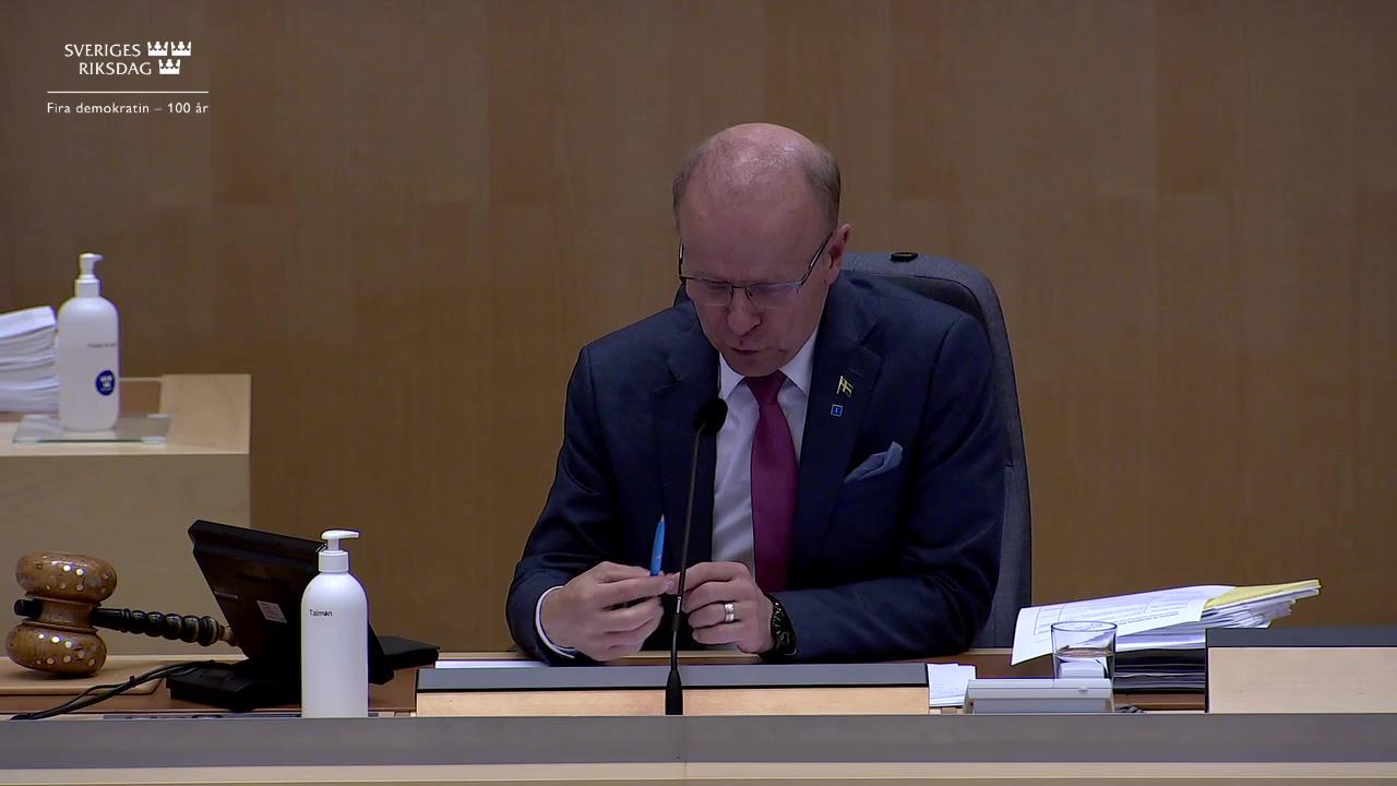 Stillbild från Debatt om förslag, Utvärdering av penningpolitiken perioden 2019–2021 samt den senaste externa utvärderingen av penningpolitiken