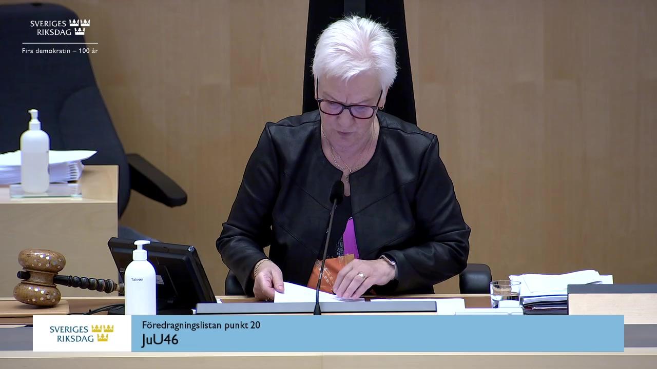 Stillbild från Debatt om förslag, Stärkt sekretess i domstol för kontaktuppgifter till enskilda