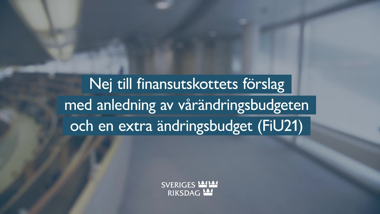 Stillbild från Beslut, Teckenspråkstolkat beslut: Nej till finansutskottets förslag med anledning av vårändringsbudgeten och en extra ändringsbudget